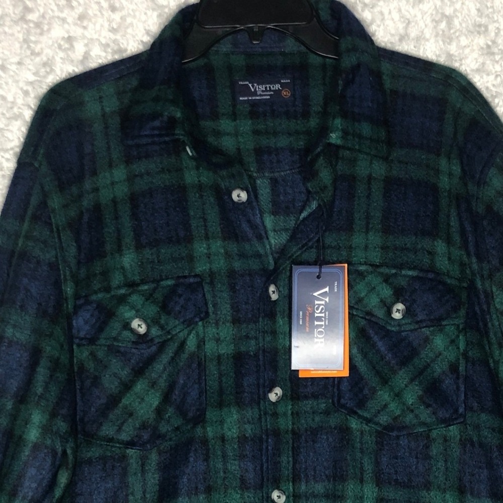 Visitor Premium Navy Green Plaid Button Down Shirt XL VIJ122501 NWT